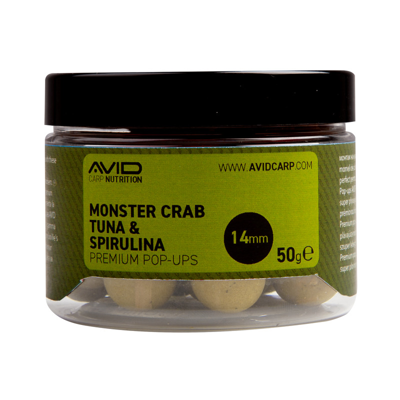 AVID Monster Crab-Tuna & Spirulina Pop Up Boilies plaukiantys masaliniai boiliai (14 mm, 50 g)
