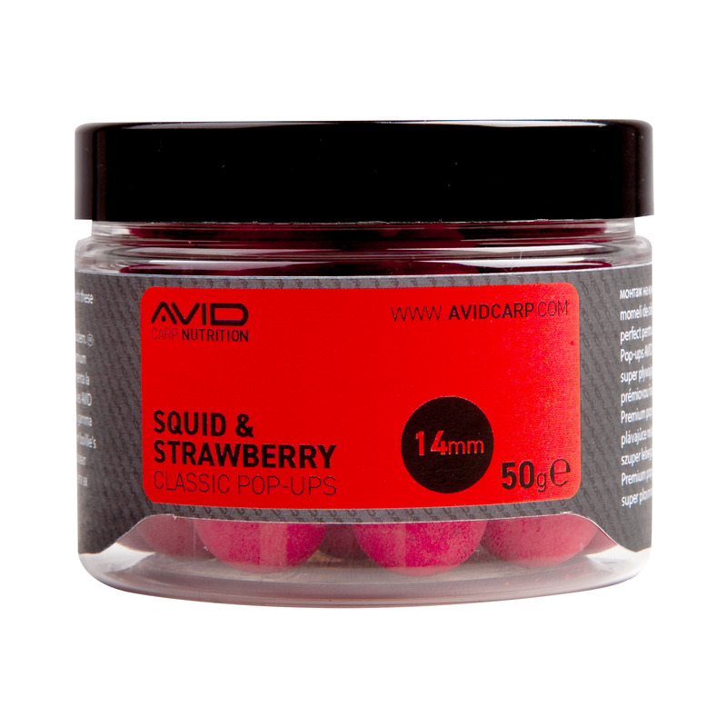 AVID Squid & Strawberry Pop Up Boilies plaukiantys masaliniai boiliai (14 mm, 50 g)