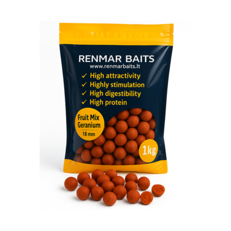 RENMAR BAITS Fruit Mix Geranium Feed Boilies pašariniai - šeriminiai boiliai (18 mm, 1 kg)